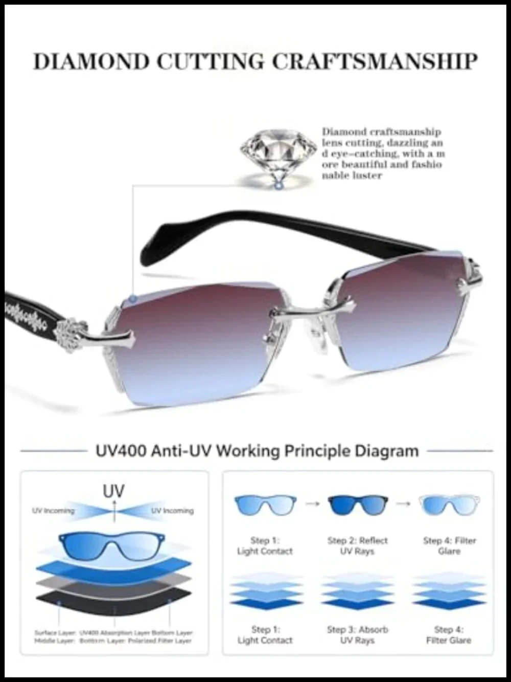Rimless Diamond-Cut Lens Sunglasses with Metal Pattern Inlay